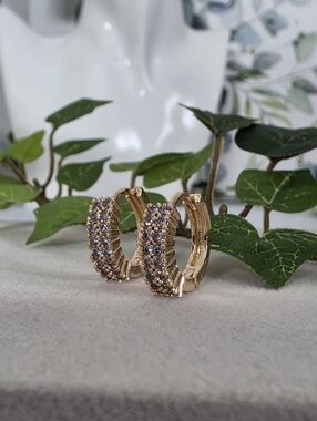 Gold Filled Huggie Hoop Earrings Light Purple CZ Stone Accents New